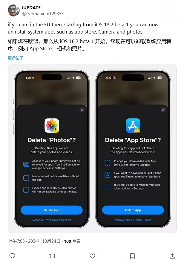 嘉定苹果手机维修分享iOS 18.2 支持删除 App Store 应用商店 